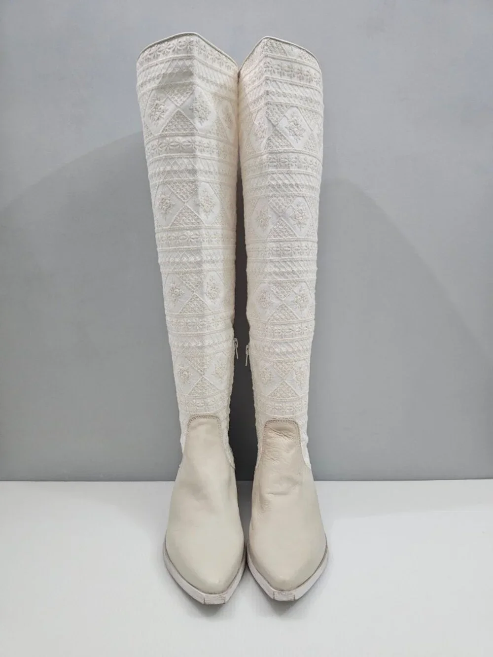 Free People Bren Knee High Boot Womens EU 37 Cream Embroidered Boho Slouchy